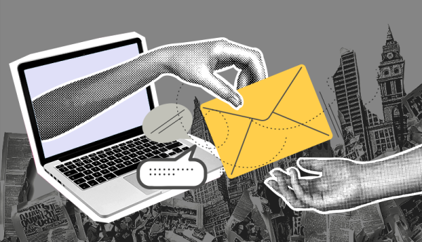 Hand reaches out of a laptop to deliver a letter