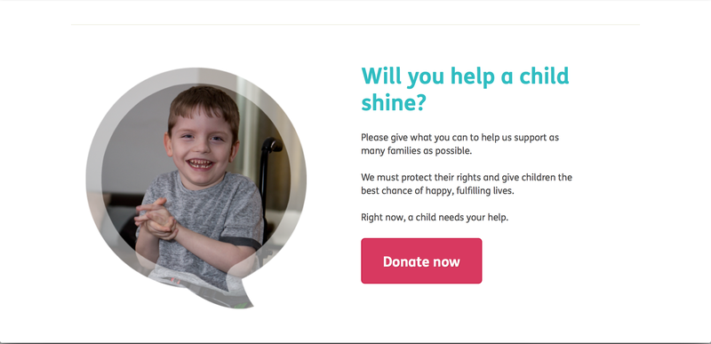 Mencap donation page screengrab with a smiling child and a donate button