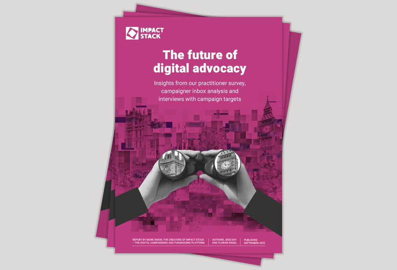 Pink cover of the Impact Stack report Future of digital advocacy, featuring looking glasses and Westminster