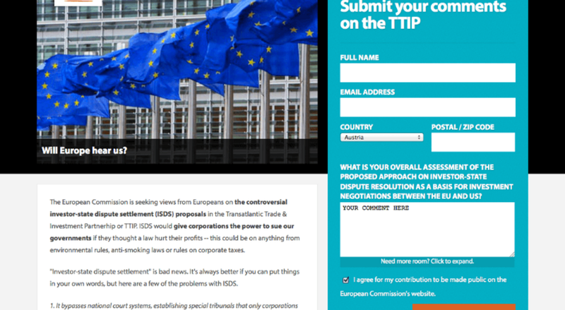 SumOfUs Screengrab of the TTIP consultation action